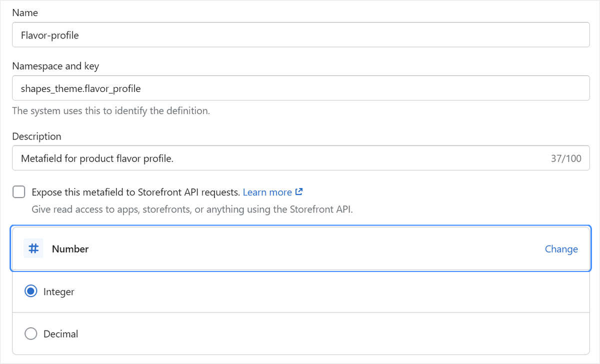 Example of the metafield settings for an integer in Shopify admin.