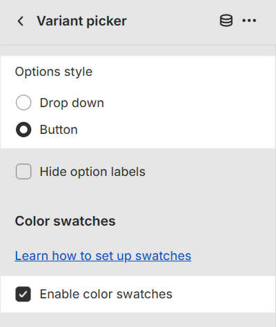 The Variant picker's Options style setting in Theme editor.