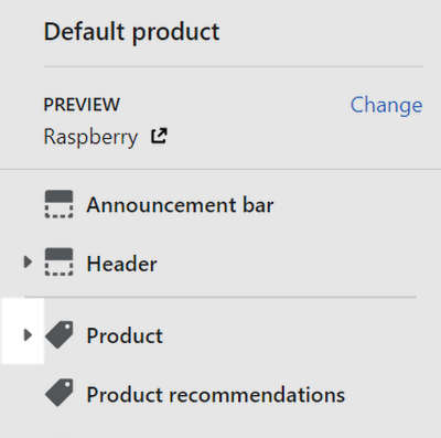 The Product section menu in Theme editor.