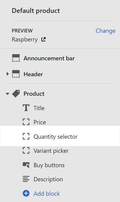 The Quantity selector block menu in Theme editor.