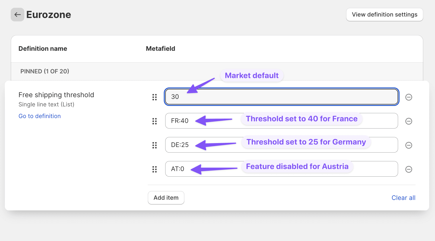 An example of a free shipping bar metafield definition.