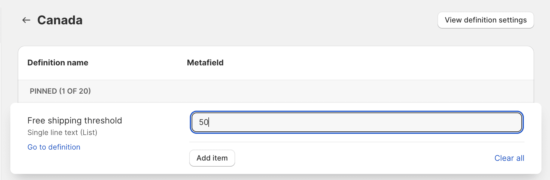 An example of a free shipping bar metafield definition.