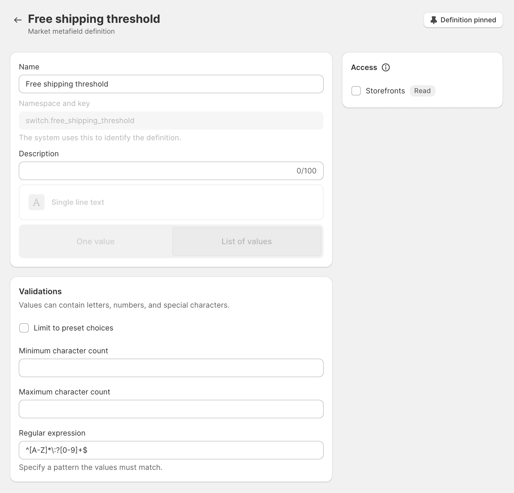 An example of a free shipping bar metafield definition.