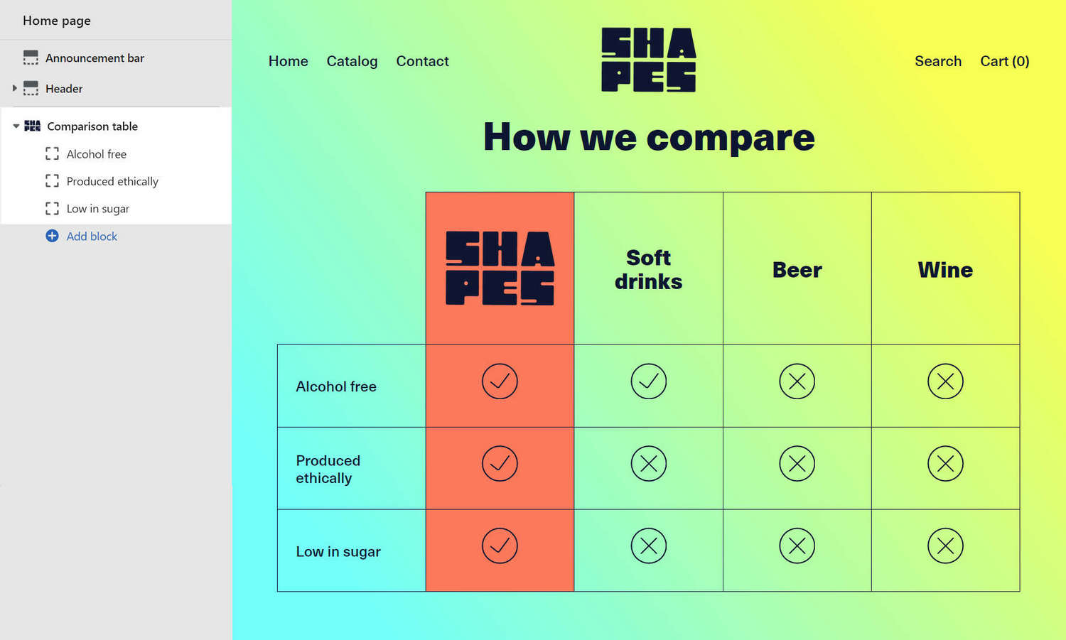 An example comparison table section in Theme editor.