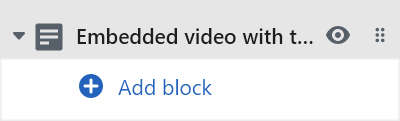 The Embedded video with text's Add block menu in Theme editor.