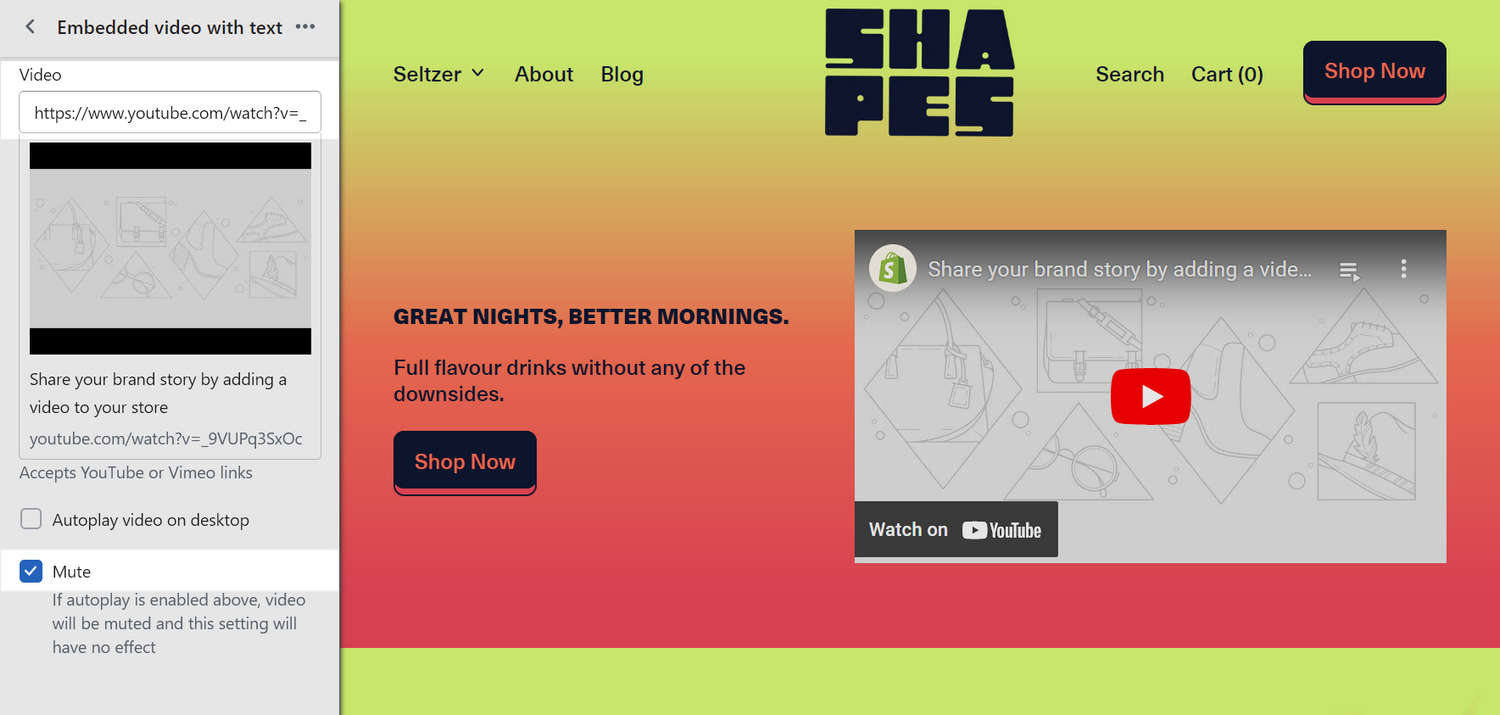 The Embedded video with text section on a store's Homepage in Theme editor.