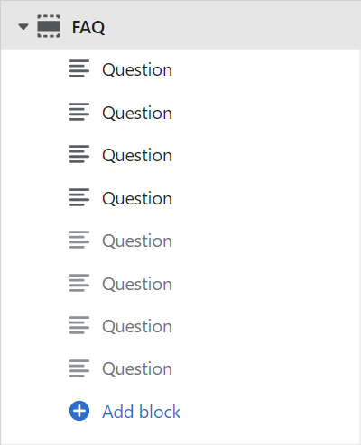 The add Question block menu in Theme editor.