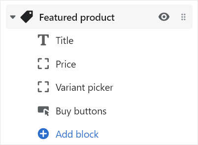 The add block options for the Featured product section in theme editor