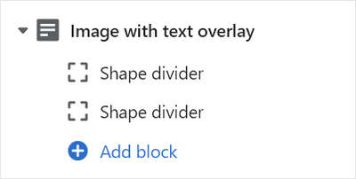 The Image with text overlay's Add block menu in Theme editor.