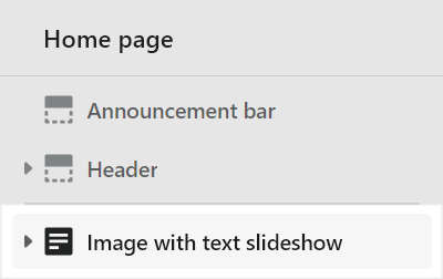 The Image with text slideshow section selected in the Theme editor.