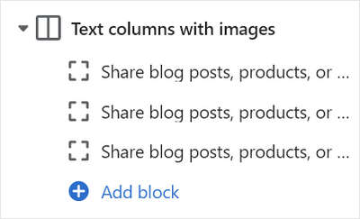 The Text columns with images's Add block menu in Theme editor.