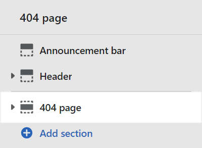 The 404 page section selected in Theme editor.