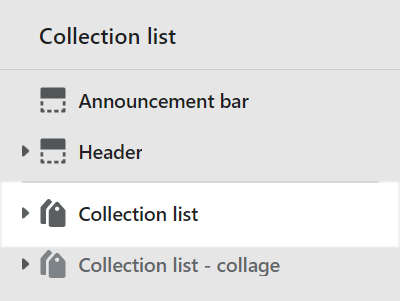 The Collection list section selected in Theme editor.