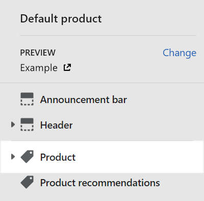 The Product section selected in Theme editor.