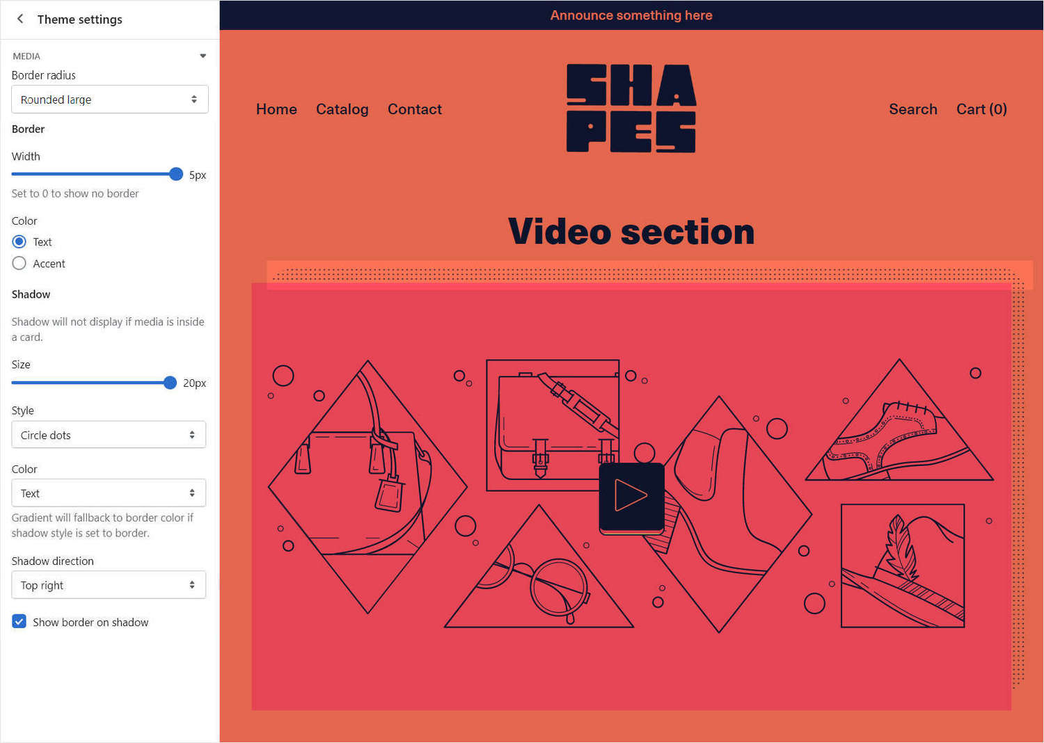 A video section on a store's homepage with the media menu in Theme setting, set to display a dotted circular shadow effect around the section.