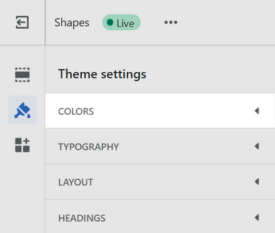 The theme settings menu with the Colors menu section selected.