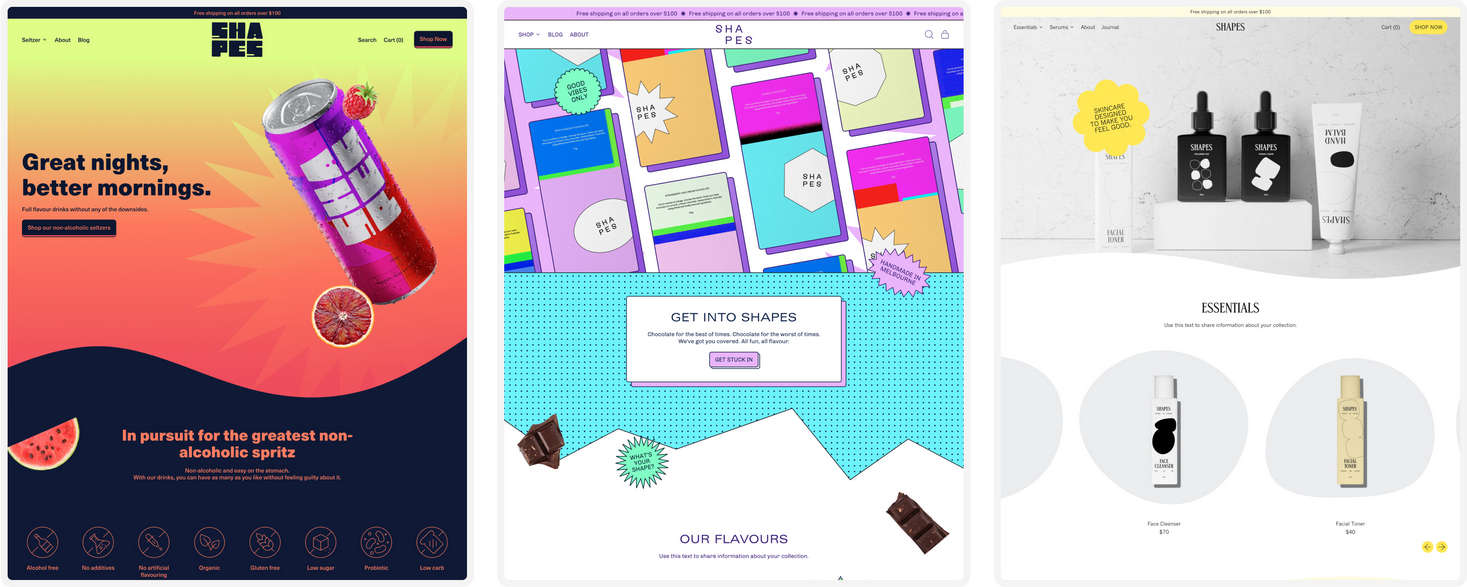 Three example homepages. Each homepage has a different Shapes theme style preset applied.