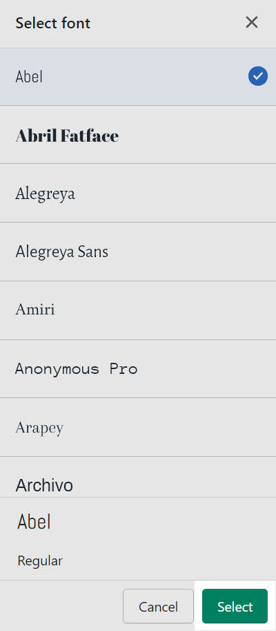 The font picker's select button in Theme setting's Typography menu.