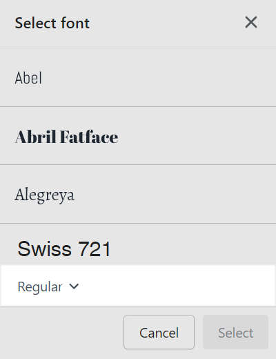 The font picker's font styles dropdown in Theme setting's Typography menu.