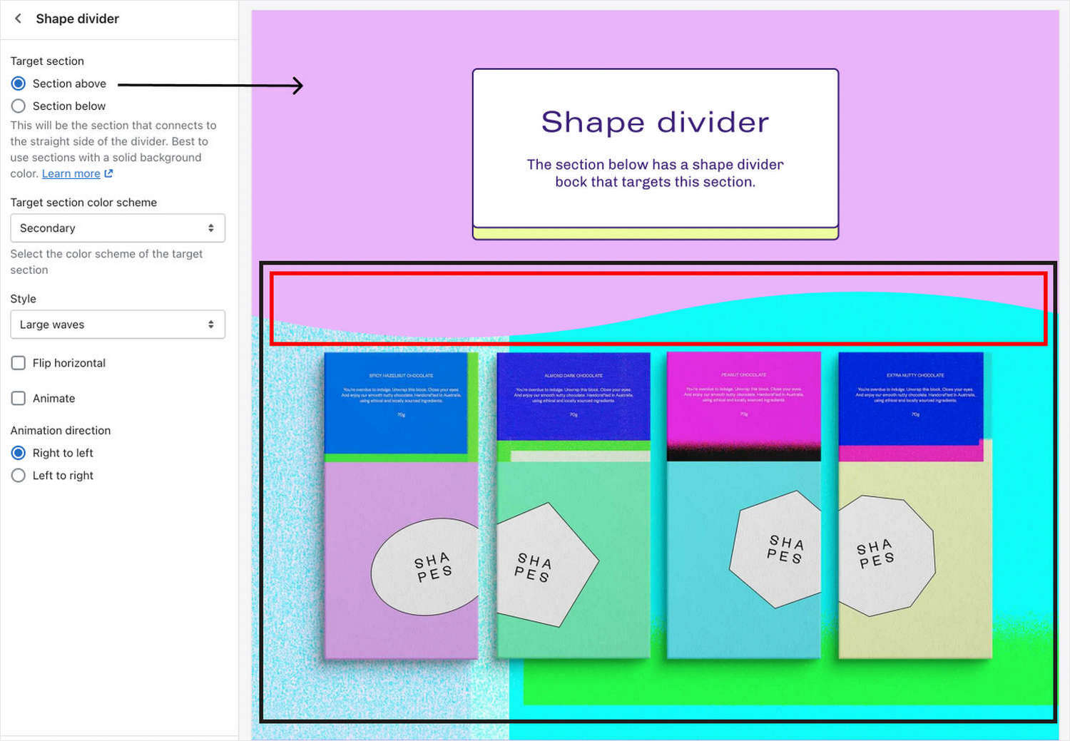 A second example of a Shape divider targeting the section above the block.