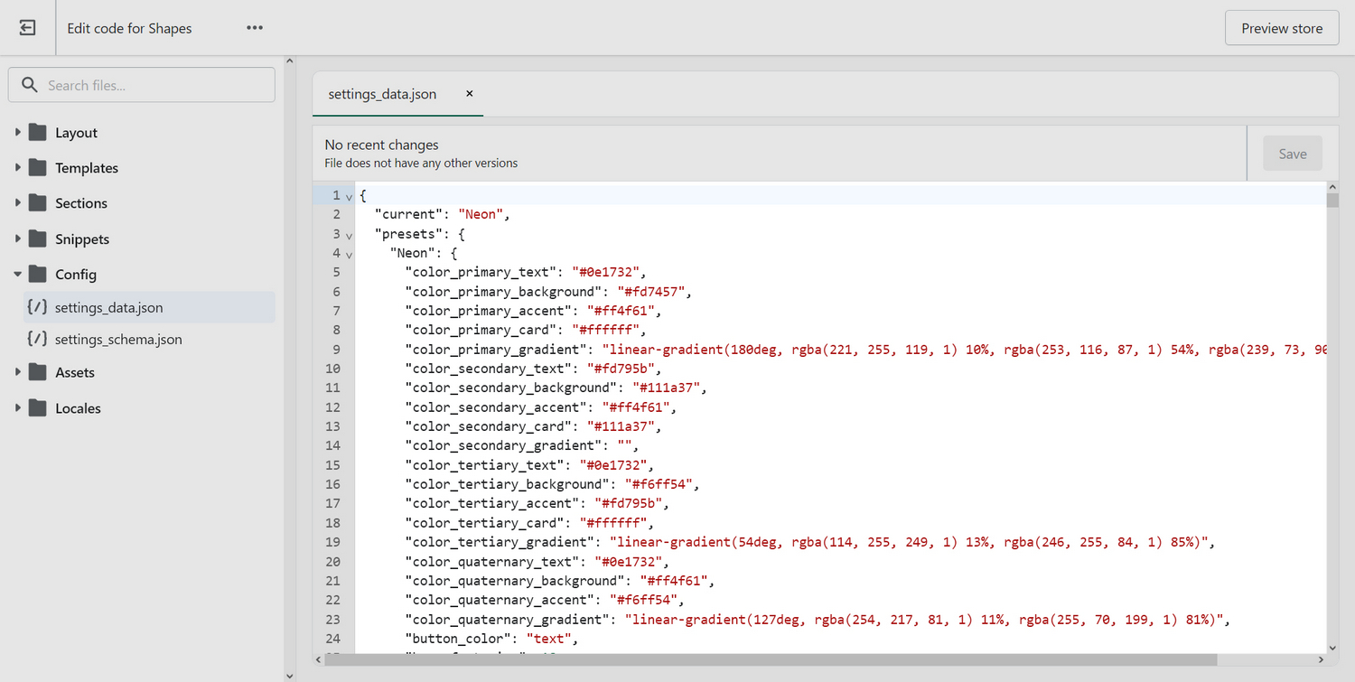 Screenshot of a theme's settings data JSON file open in the Shopify theme code editor.