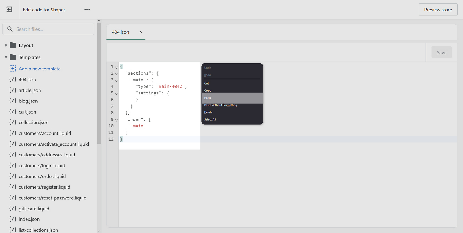 JSON file content selected in Code editor for pasting.