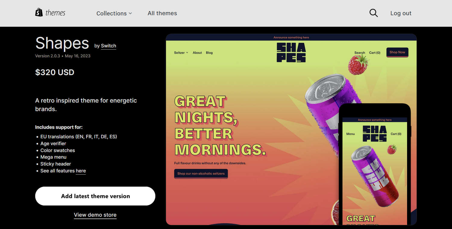 Screenshot of the Shapes theme on the Shopify Theme Store with an Add latest theme version button.