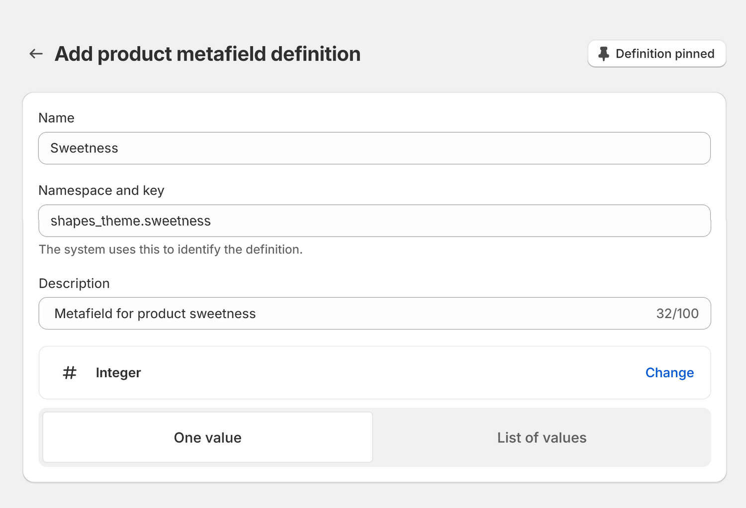 Example of the metafield settings for an integer in Shopify admin.