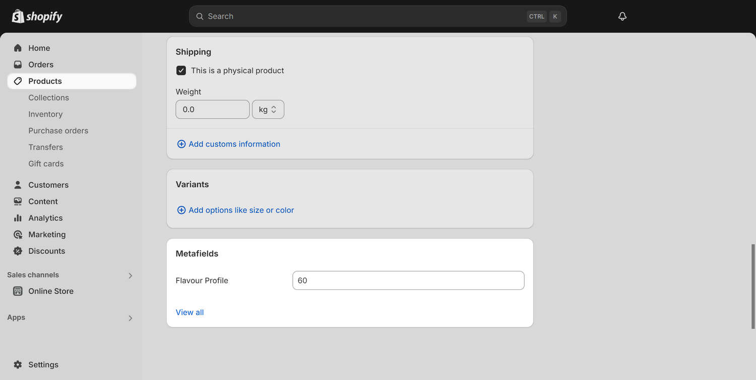 Example values in the metafields area of a Product page in Shopify admin.