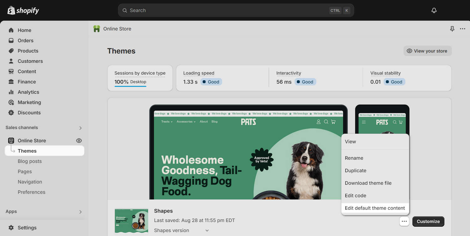 The Actions menu selected in Shopify admin.