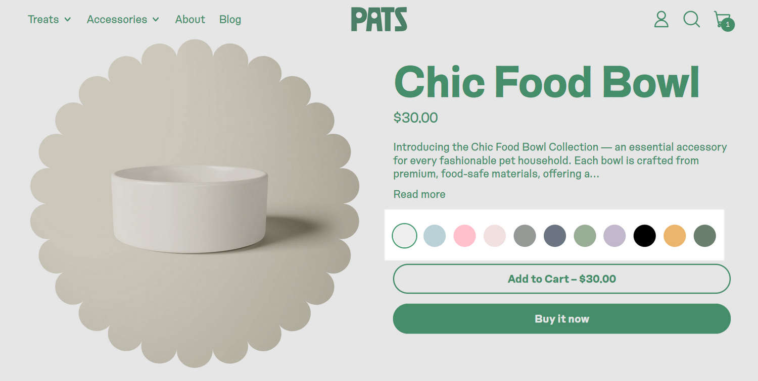 Three example color swatches on a store's Product page.