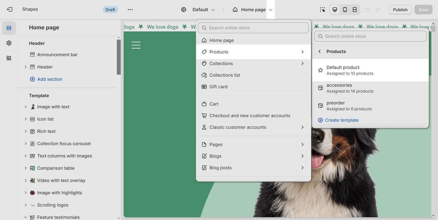 The Default product page template selected in Theme editor.