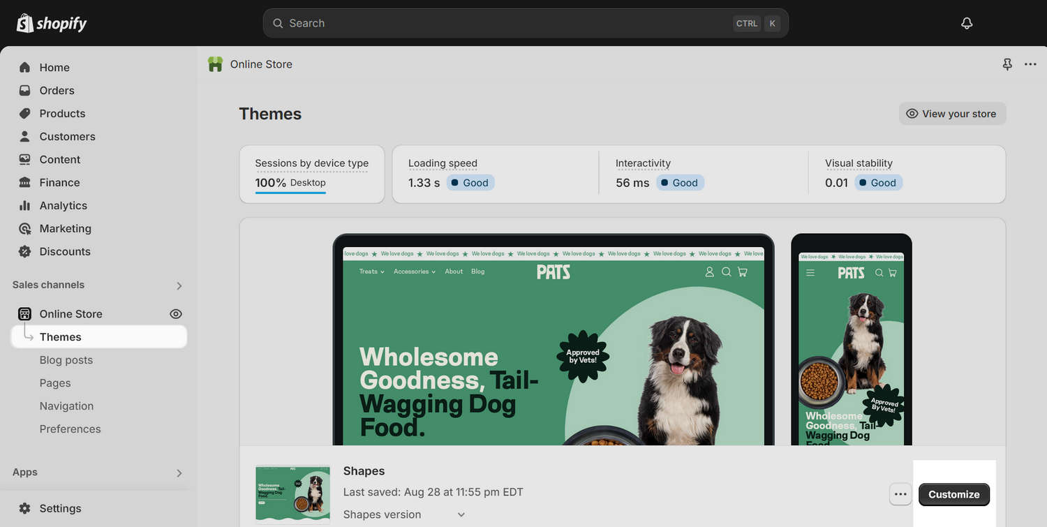 The Customize Theme option on a store's Shopify admin page.