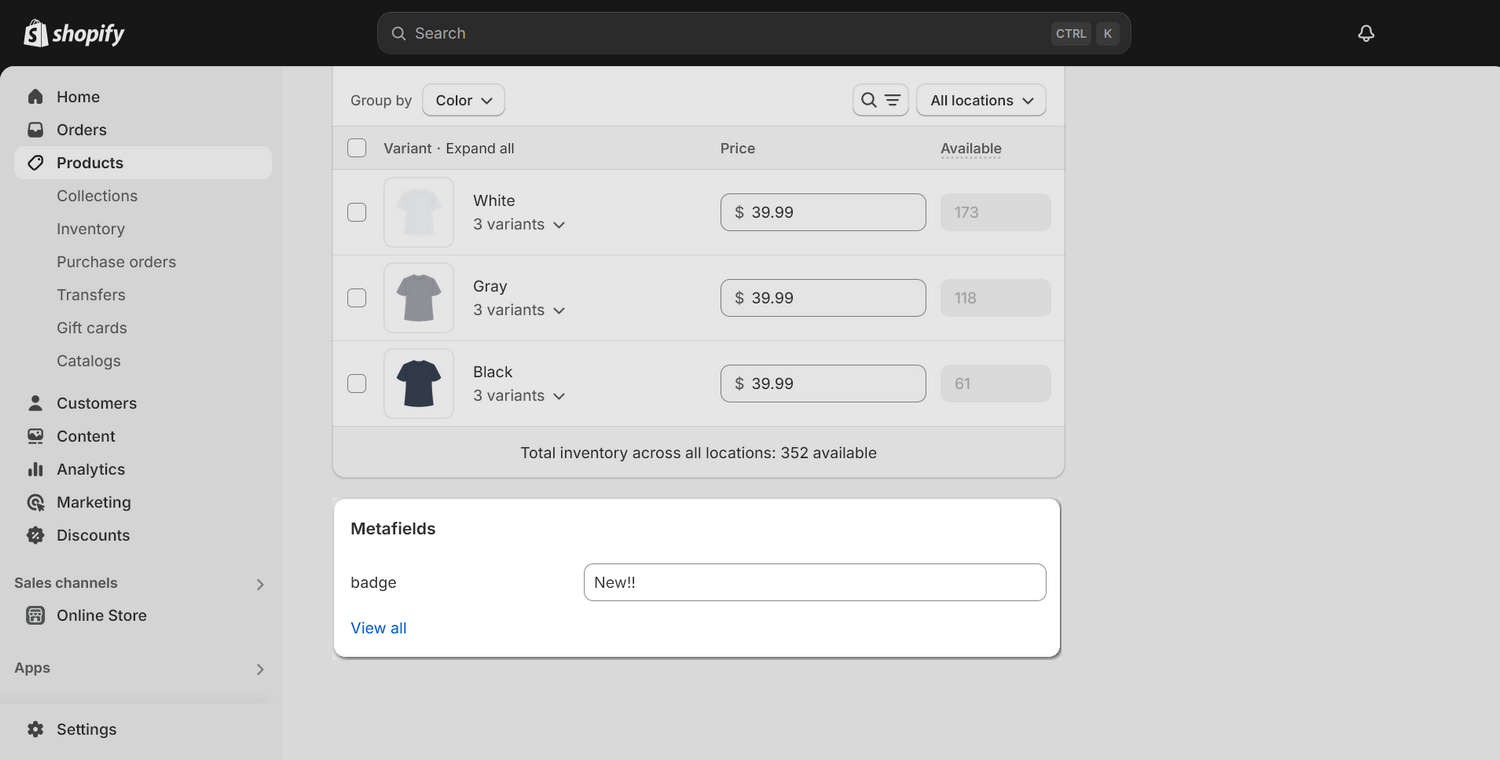 The Products Metafields area in Shopify admin.