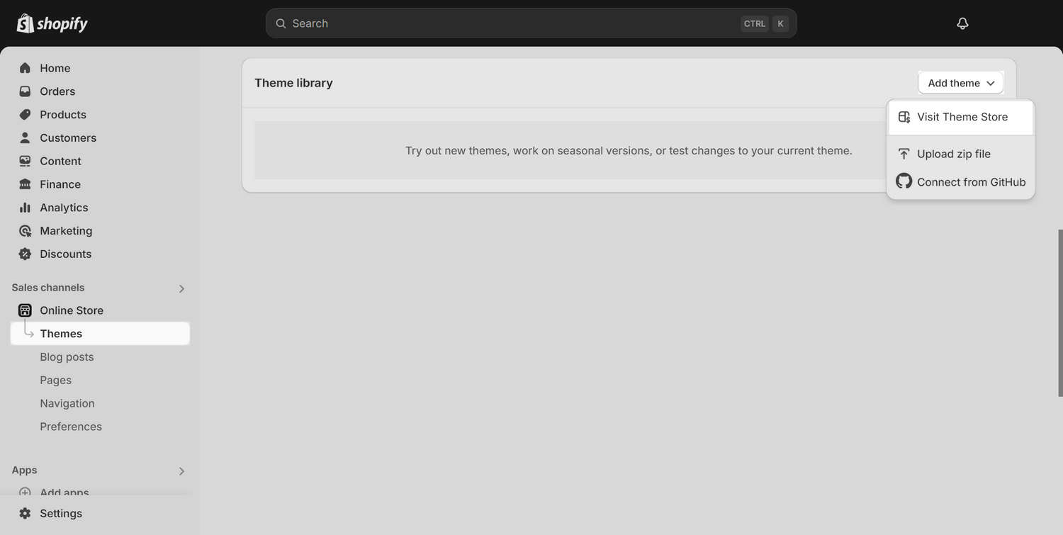 Shopify admin's Add theme dropdown.