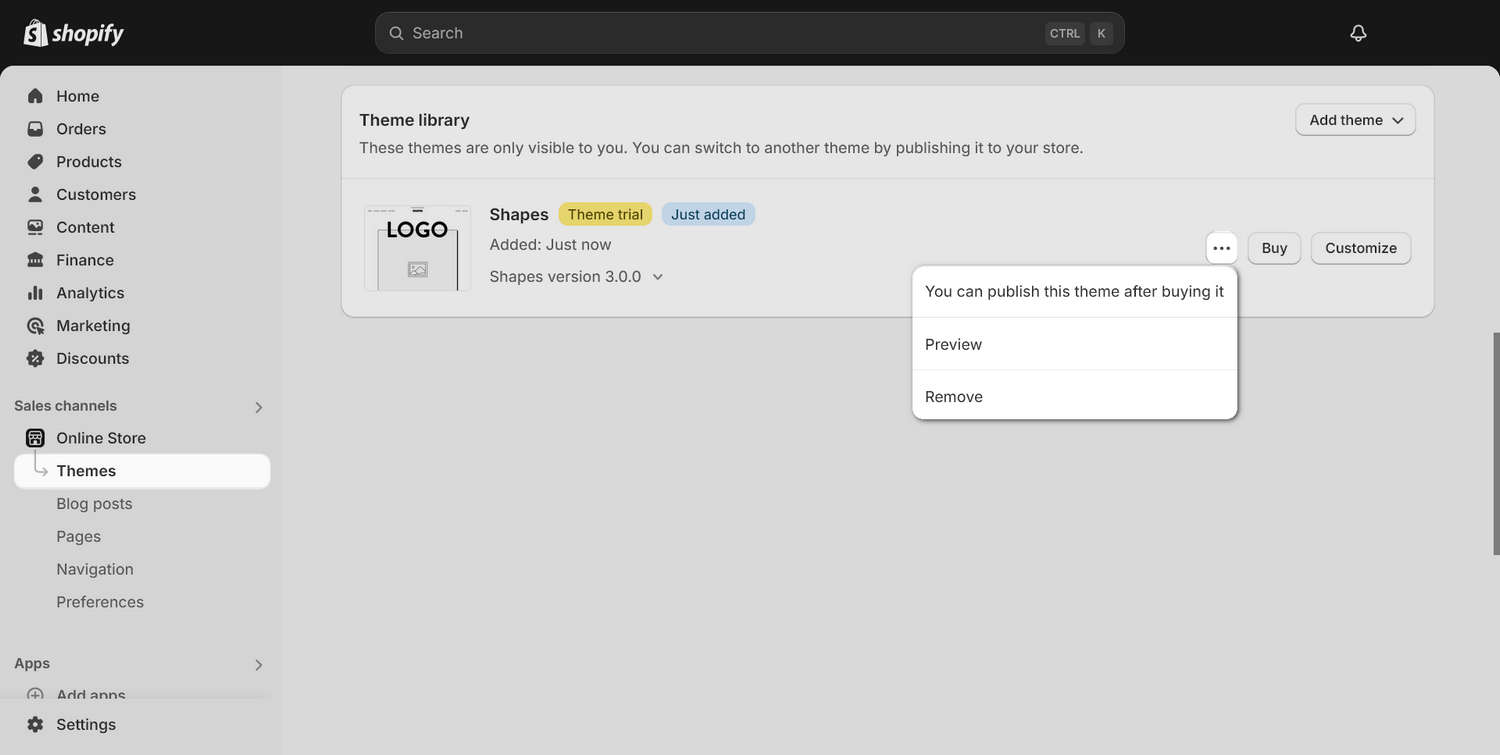 The Shapes theme pane in Shopify admin.