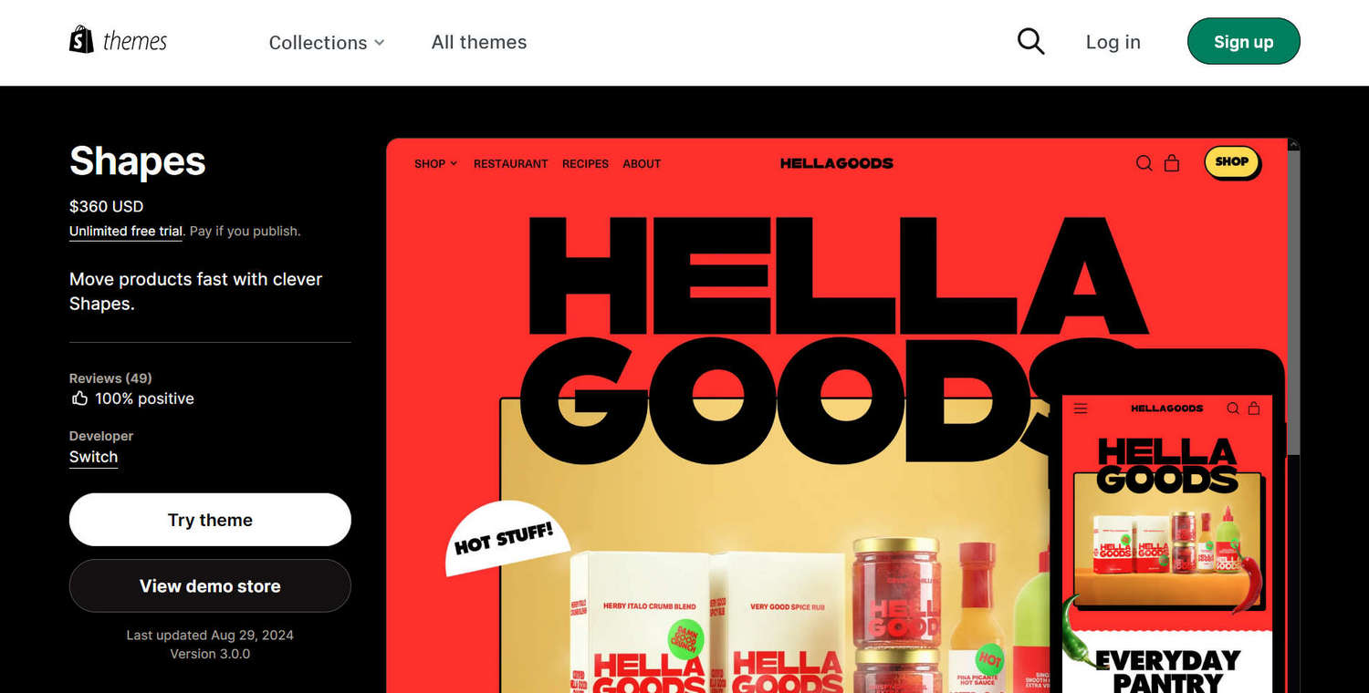 The Shapes theme details page on Shopify Theme store.