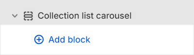 The Collection list carousel's Add block menu in Theme editor.