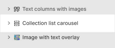 The Collection list carousel section selected in Theme editor.