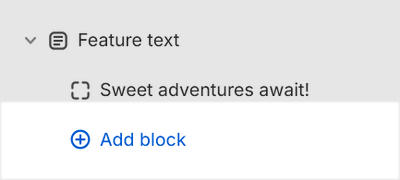 The Feature text's Add block menu in Theme editor.