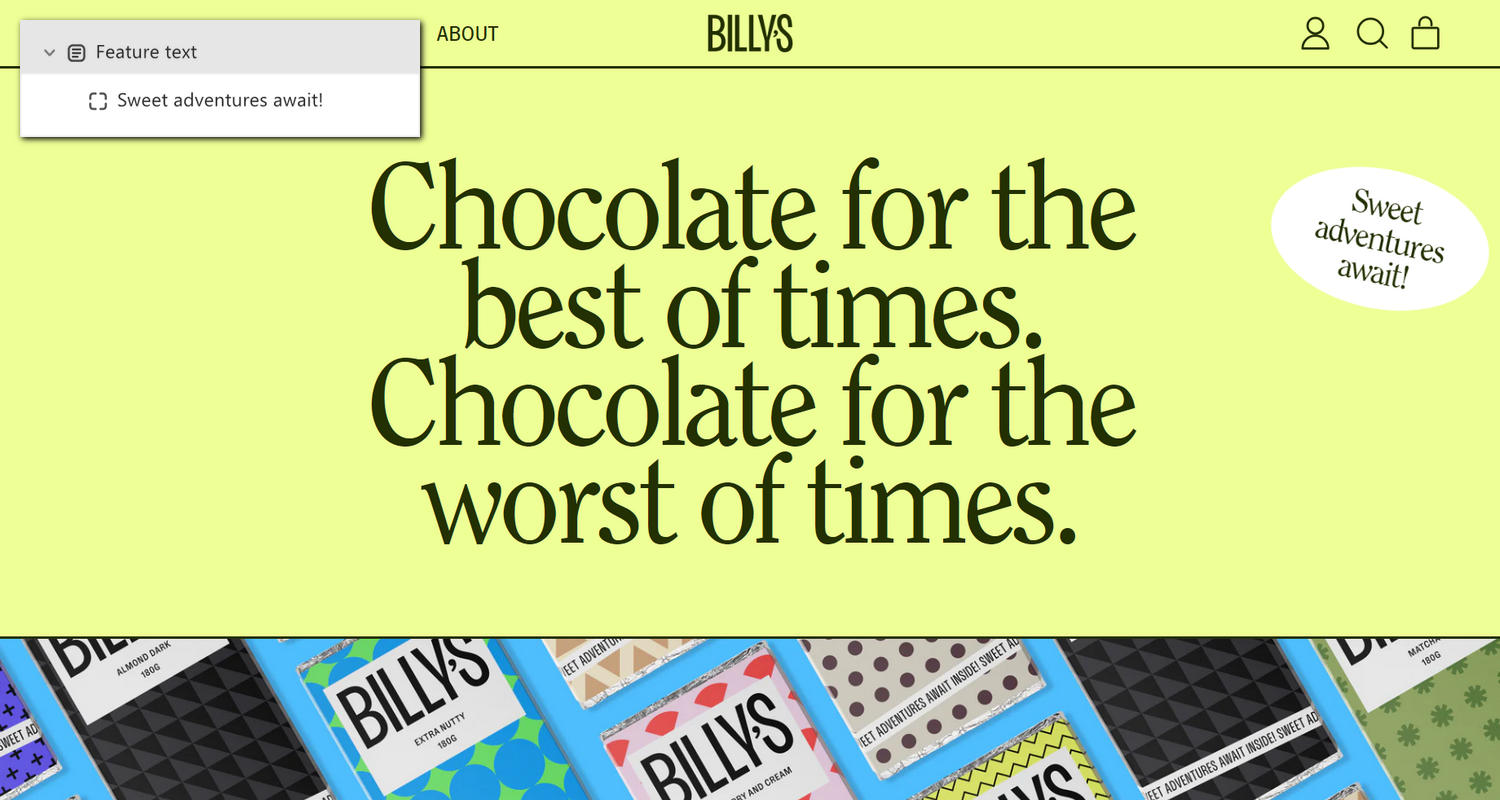 A Feature text section on a store's home page in Theme editor.