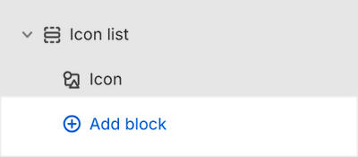 The Icon list's Add block menu in Theme editor.