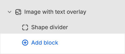 The Image with text overlay's Add block menu in Theme editor.