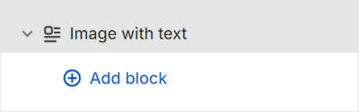 The Image with text's Add block menu in Theme editor.