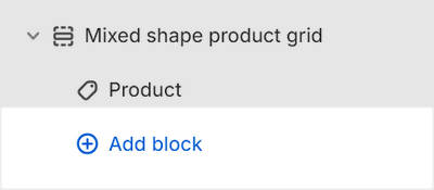 The Mixed shape product grid's Add block menu in Theme editor.