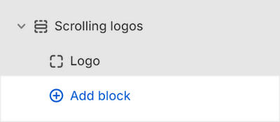 The Scrolling logos's Add block menu in Theme editor.