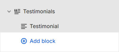 The Testimonials's Add block menu in Theme editor.