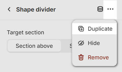 The duplicate section option for a Shape divider section in Theme editor.