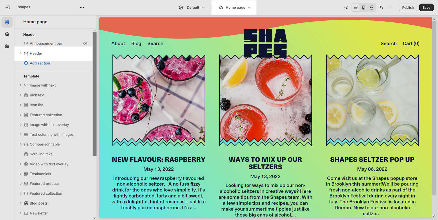 The Header section selected on the Home page in Theme editor.