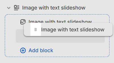 The move block option for an Image with text slideshow block in an Image with text slideshow section in Theme editor.